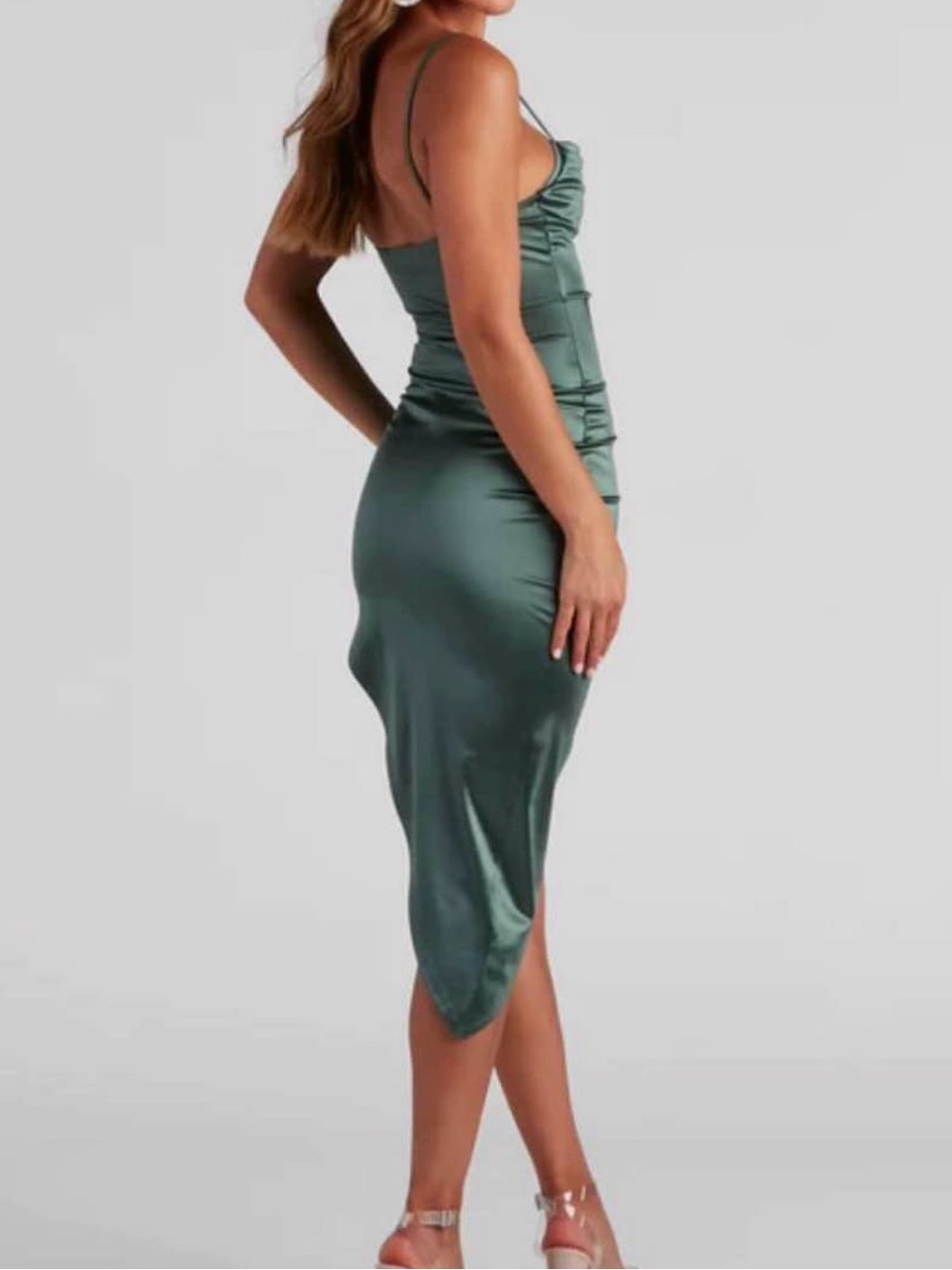 Windsor Satin Ruched Midi Dress in Sage Green